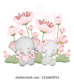 Watercolor cute couple elephant and pink flowers in the garden 