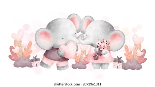 Watercolor cute couple elephants with heart flower and gift background