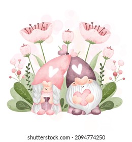 Watercolor cute couple gnome and pink flowers in the garden 