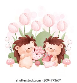 Watercolor cute couple hedgehog and pink flowers in the garden 