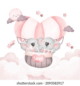 Watercolor cute couple koala flying with hot air balloon 