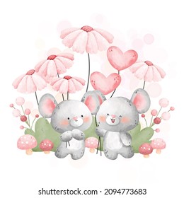 Watercolor cute couple mouse and pink flowers in the garden 