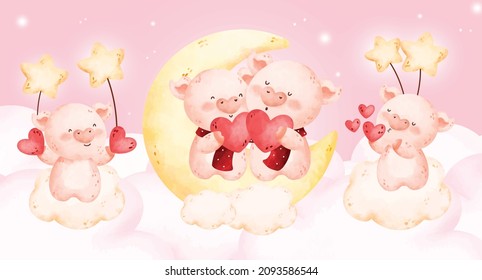 Watercolor cute couple pig set 