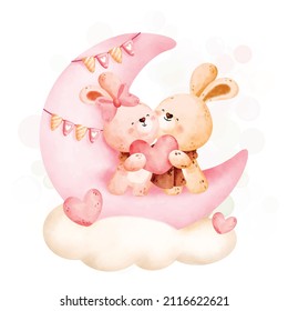 Watercolor cute couple rabbit on the pink moon 