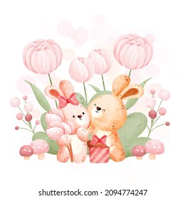 Watercolor cute couple rabbit and pink flowers in the garden 