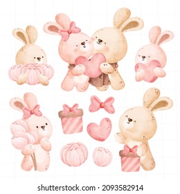 Watercolor cute couple rabbit set with love and valentine elements 