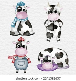 watercolor cute cow character set