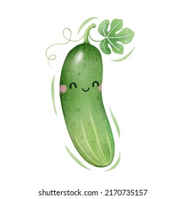 Watercolor cute cucumber cartoon character. Vector illustration