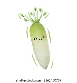 Watercolor cute daikon cartoon character. Vector illustration.