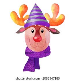Watercolor cute deer for Santa Claus on white background