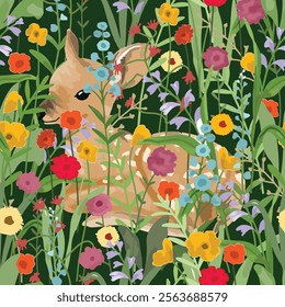 Watercolor cute deer in wild flower forest seamless pattern