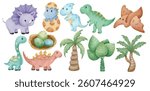 Watercolor Cute Dinosaur Illustration Set Hand Painted Baby Dino Triceratops T-Rex Stegosaurus Dino Egg Palm Tree Tropical Jungle Prehistoric Animal Art