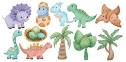 Watercolor Cute Dinosaur Illustration Set Hand Painted Baby Dino Triceratops T-Rex Stegosaurus Dino Egg Palm Tree Tropical Jungle Prehistoric Animal Art