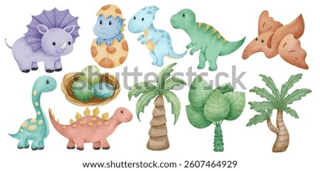 Watercolor Cute Dinosaur Illustration Set Hand Painted Baby Dino Triceratops T-Rex Stegosaurus Dino Egg Palm Tree Tropical Jungle Prehistoric Animal Art