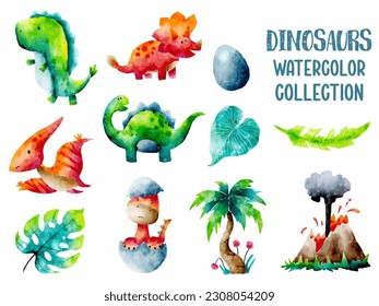 Watercolor Cute Dinosaurs Prehistoric  World Vector Isolated Elements Set