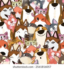 Watercolor cute dog and cat cartoon seamless pattern