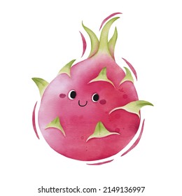 Watercolor Cute Dragon Fruit Cartoon Character.