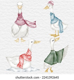 watercolor cute duck character collection set