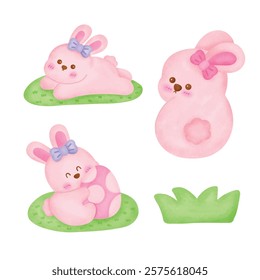 Watercolor cute easter bunny set