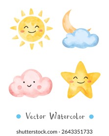 Watercolor cute element of sun, moon, cloud, and star. Vector illustration suited for nursery print design. 
