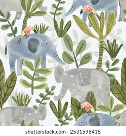 Watercolor cute elephant and hornbill bird in botanical tropical forest seamless pattern 