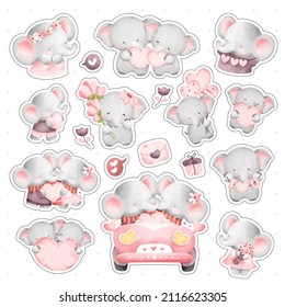 Watercolor cute elephant with love elements sticker set 