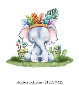 Watercolor Cute Elephant Safari Tribal Animals Illustration 