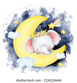 Watercolor cute elephant sleeping on the moon