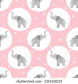 Watercolor cute elephants pattern. Vector seamless dotted background for kids.