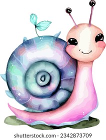Watercolor Cute Fairy Snail Clipart