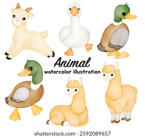 Watercolor Cute Farm Animal Illustration Set - Hand-Painted, Adorable, Realistic - Goat, Goose, Duck, Llama, Countryside Livestock, Vector Illustration
