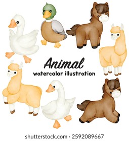 Watercolor Cute Farm Animal Illustration Set - Hand-Painted, Adorable, Realistic - Goose, Duck, Pony, Llama, Countryside Livestock, Vector Illustration