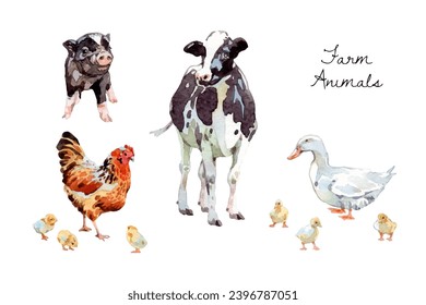 Watercolor cute farm animals collection, livestock illustration