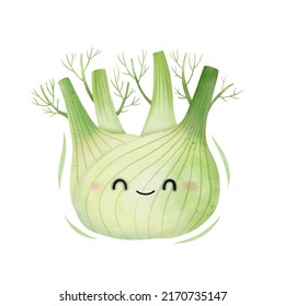 Watercolor cute fennel cartoon character. Vector illustration.