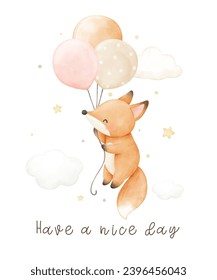 Watercolor cute fox with balloon For nursery kids Birthday party boy Print for invitation card Poster Template