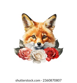 Watercolor cute fox head vector drawing. With watercolor different color of flower roses and leaves. Isolated on white background.