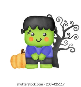 Watercolor cute Frankenstein for Halloween card.