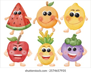 Watercolor Cute Fruit Characters Illustration Featuring Watermelon, Orange, Lemon, Apple, Pineapple, and Mangosteen in a Playful Design for Creative Projects