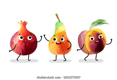 Watercolor cute fruit characters. Vector illustration.
