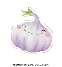 Watercolor cute garlic cartoon character. Vector illustration.