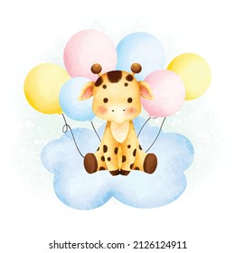 Watercolor cute giraffe and balloons on the cloud