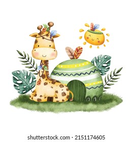 Watercolor Cute Giraffe Safari Tribal Animals Illustration