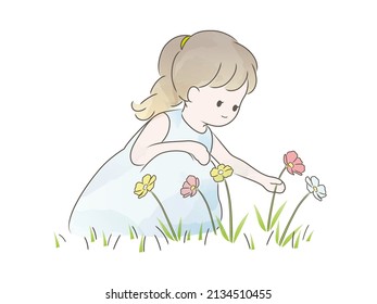 Watercolor Cute Girl Picking Wild Flowers. Vector Naive Illustration  Isolated On A White Background.