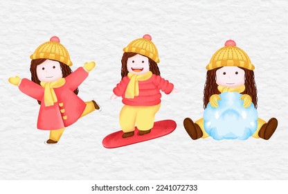 watercolor cute girl winter character element collection