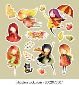 Watercolor cute girls autumn and leaves sticker