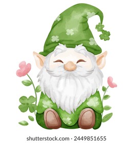 Watercolor cute gnome with clover leaves. Hand drawn illustration.