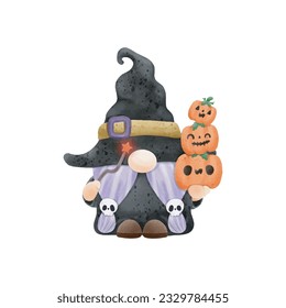 Watercolor cute gnome happy Halloween party vector illustration on white background 