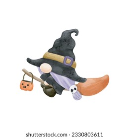 Watercolor cute gnome happy Halloween party vector illustration on white background 