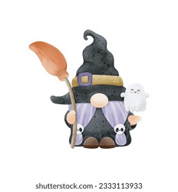Watercolor cute gnome happy Halloween party vector illustration on white background 