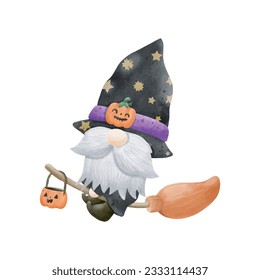 Watercolor cute gnome happy Halloween party vector illustration on white background 